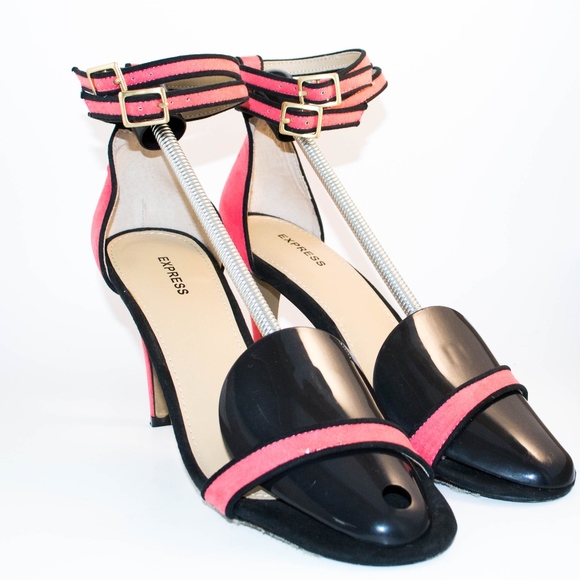 Express Shoes Express Pink And Black Ankle Strap Heels Poshmark